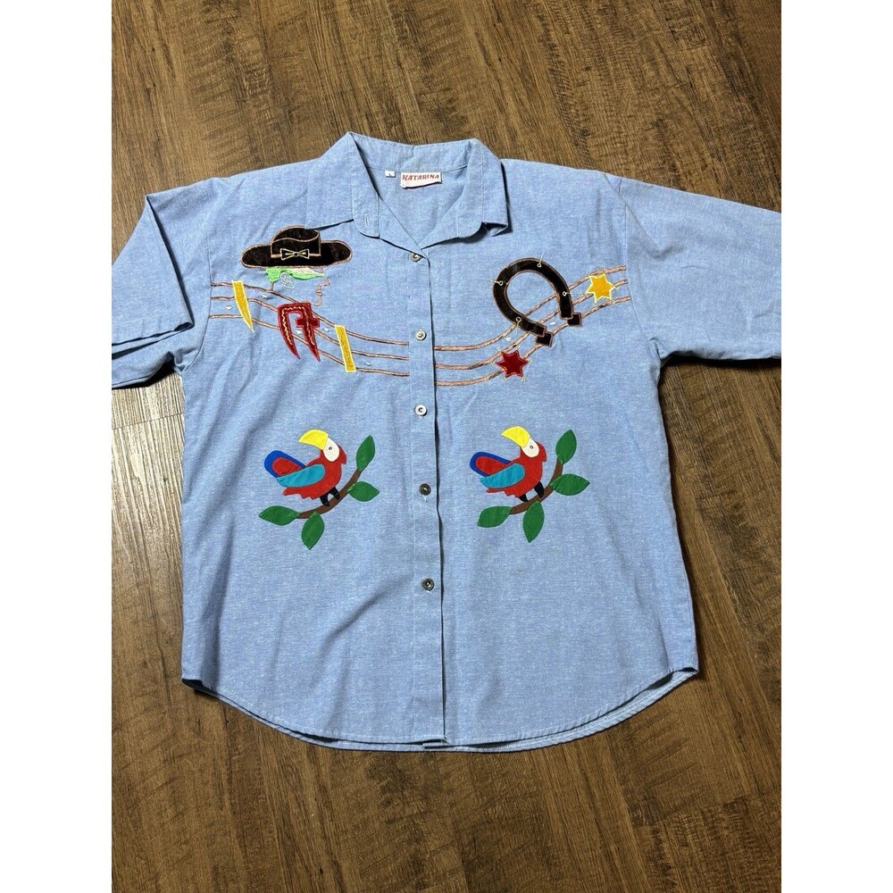 Vintage Katarina Embroidered Shirt Womens Large Toucan Parrot Chambray Novelty L